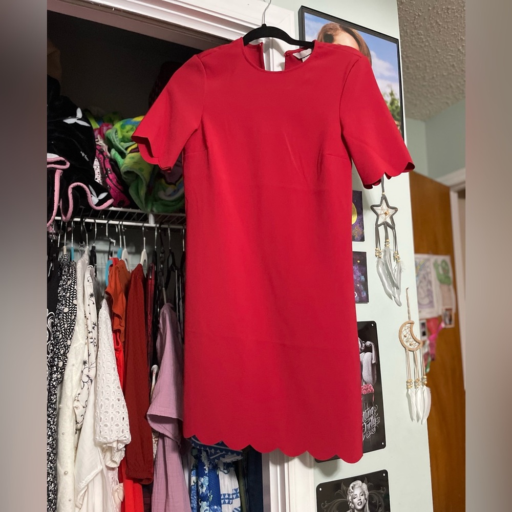 H&M Red Midi Dress with Scalloped Hem